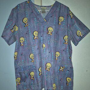 Looney Tunes Tweety Bird Scrub Uniform Top SS Purple Yellow Women's Size L NEW